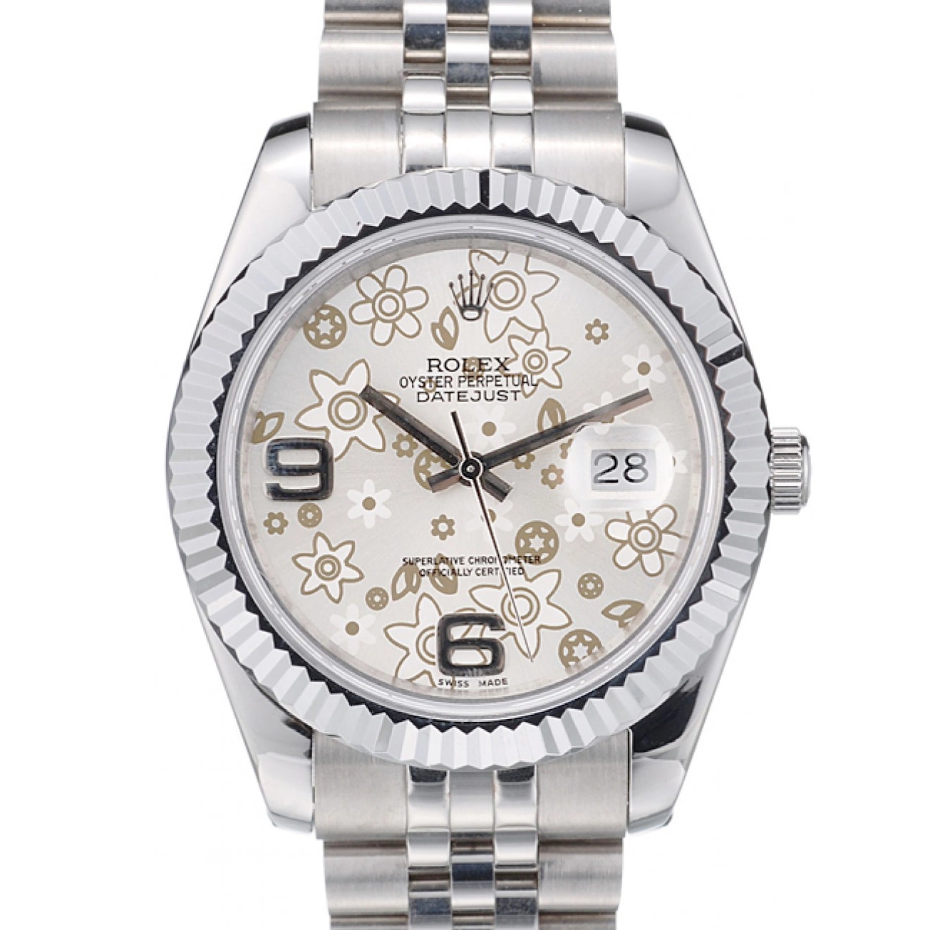 Bezel Dial Silver Flower Rolex Stainless DateJust 41983 Ribbed Steel 0605